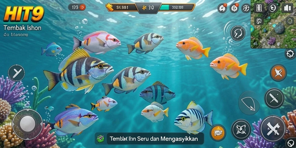 Screenshot gameplay HIT9 menampilkan serunya berburu ikan di bawah laut.
