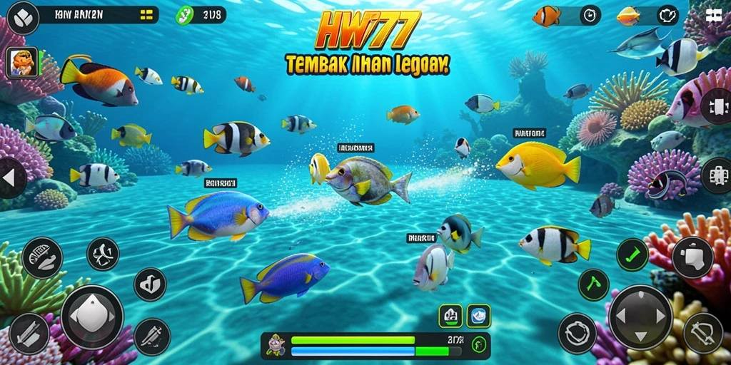 Screenshot utama HW777 menampilkan aksi menembak ikan yang seru.